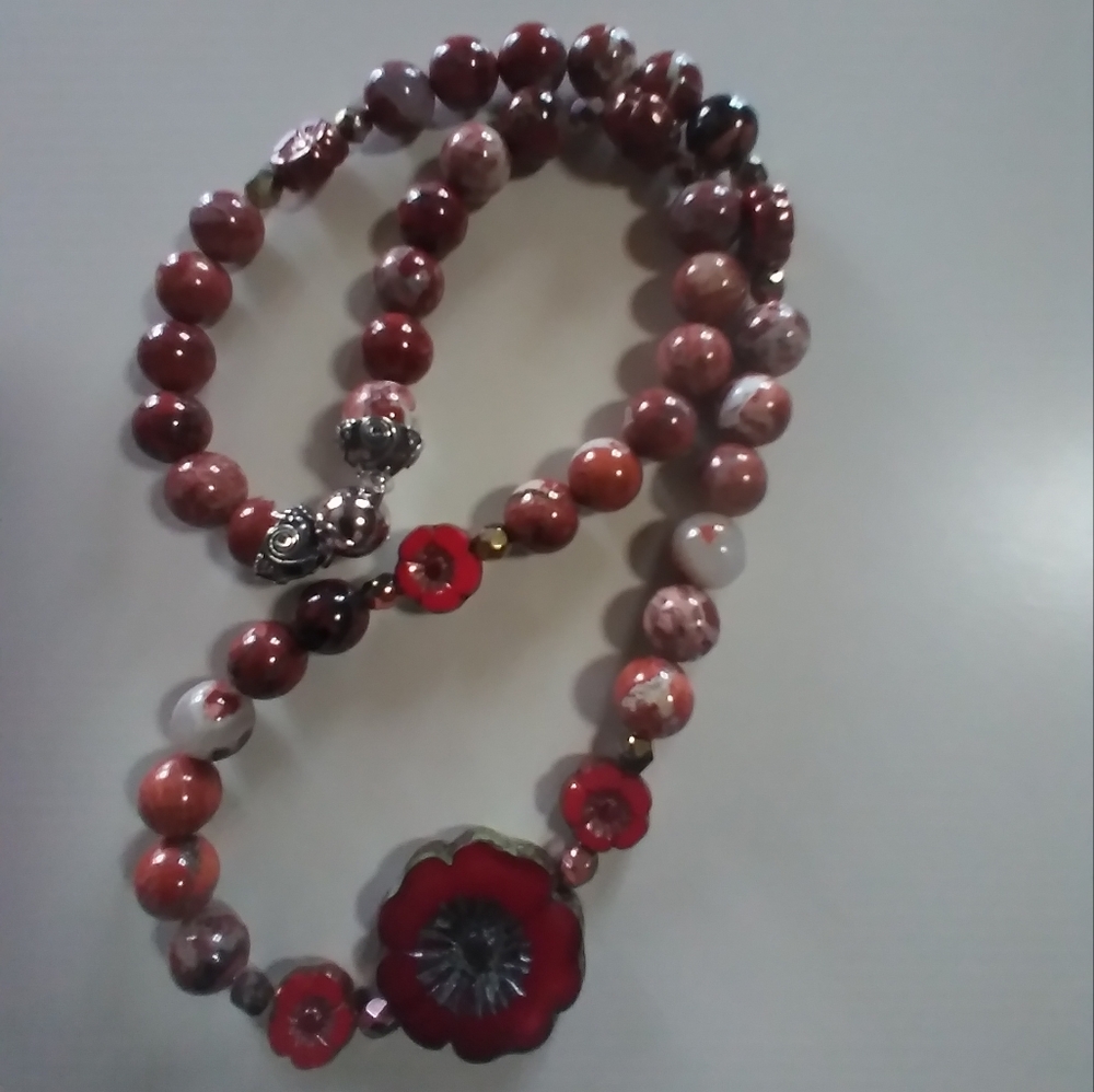 ✨️17" Picasso Jasper & Czech Glass🌺Flower Necklace ✨️ - Picture 8 of 9